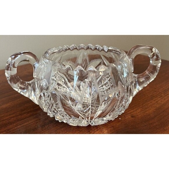 American Brilliant Cut Crystal Sugar Bowl Hobstar? ABP Sawtooth Edge Handled - Picture 1 of 7